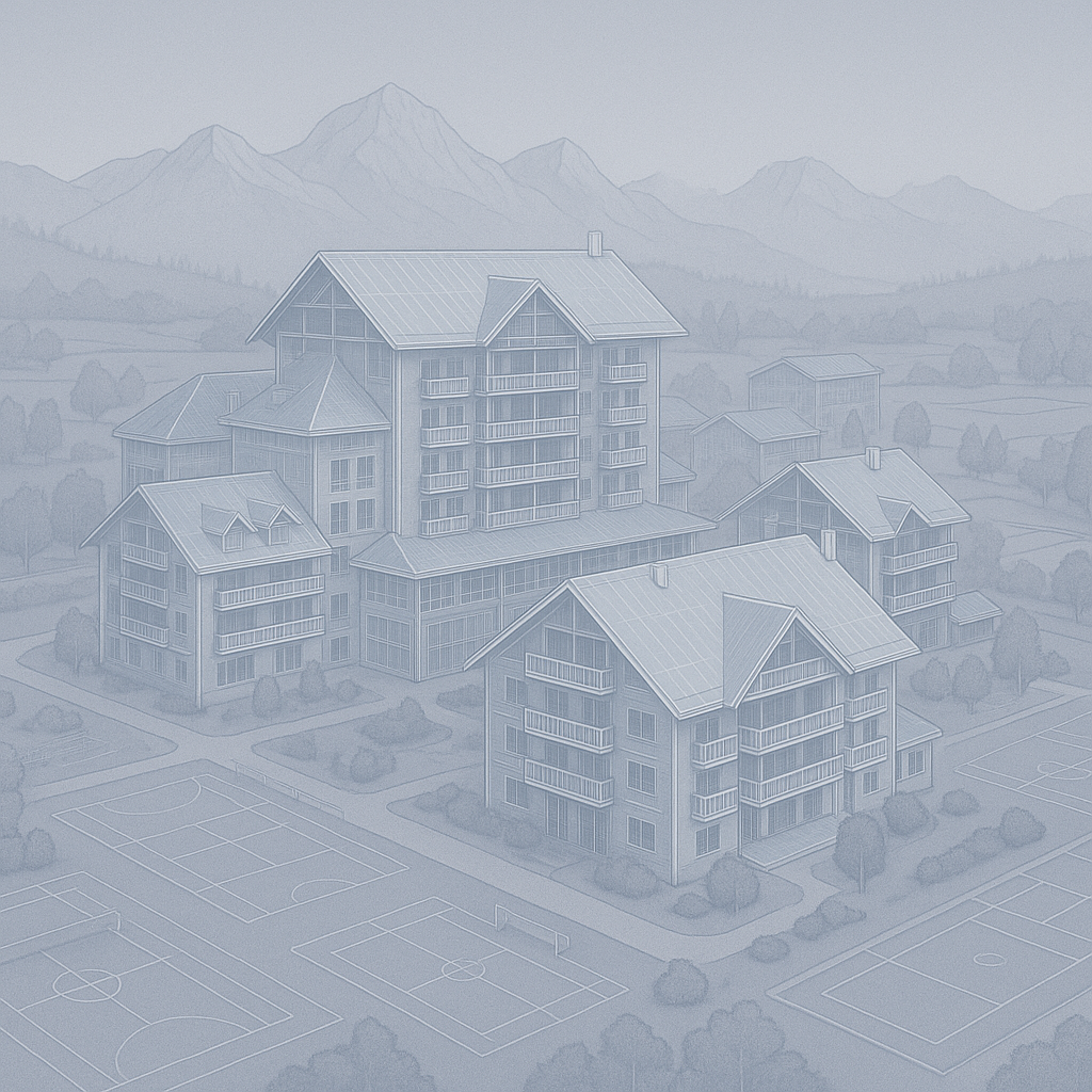 Hotelkomplex mit Sportanlagen und umliegender Landschaft aus der Vogelperspektive.