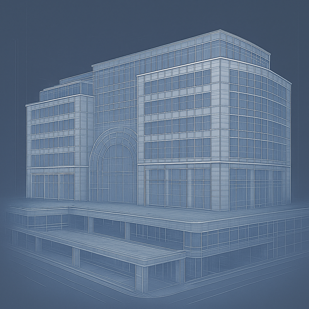 Zeichnerische Darstellung eines Einkaufszentrums.