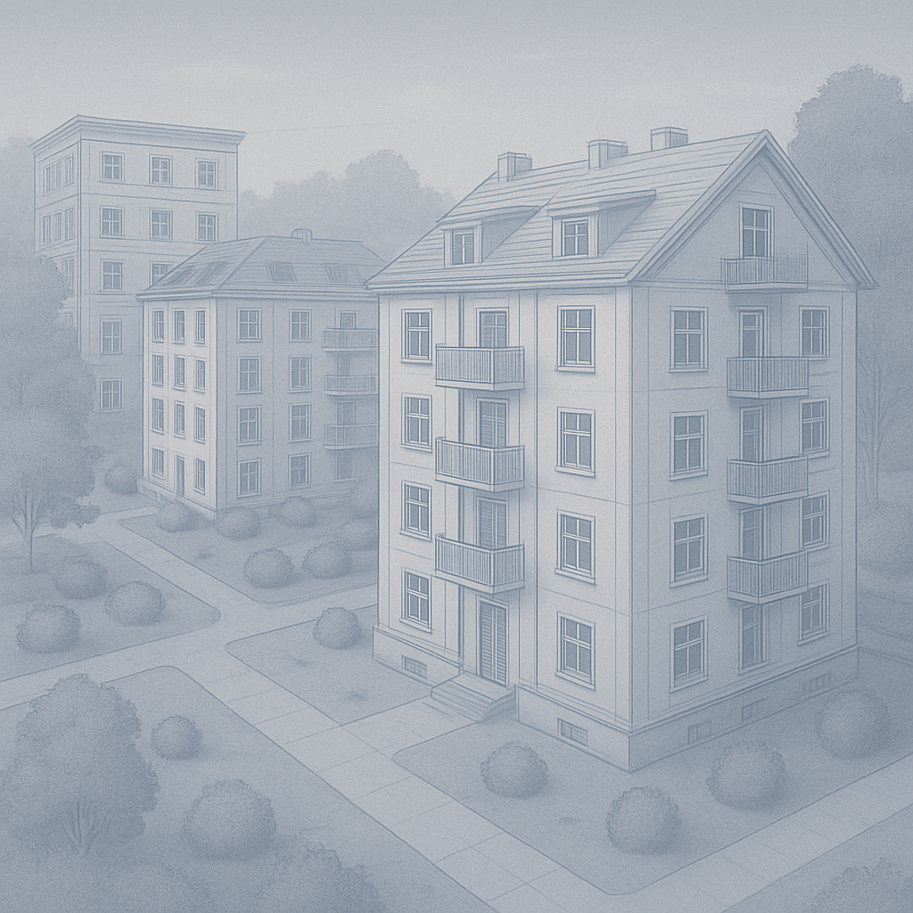 Zeichnerische Darstellung von Wohnhäusern.