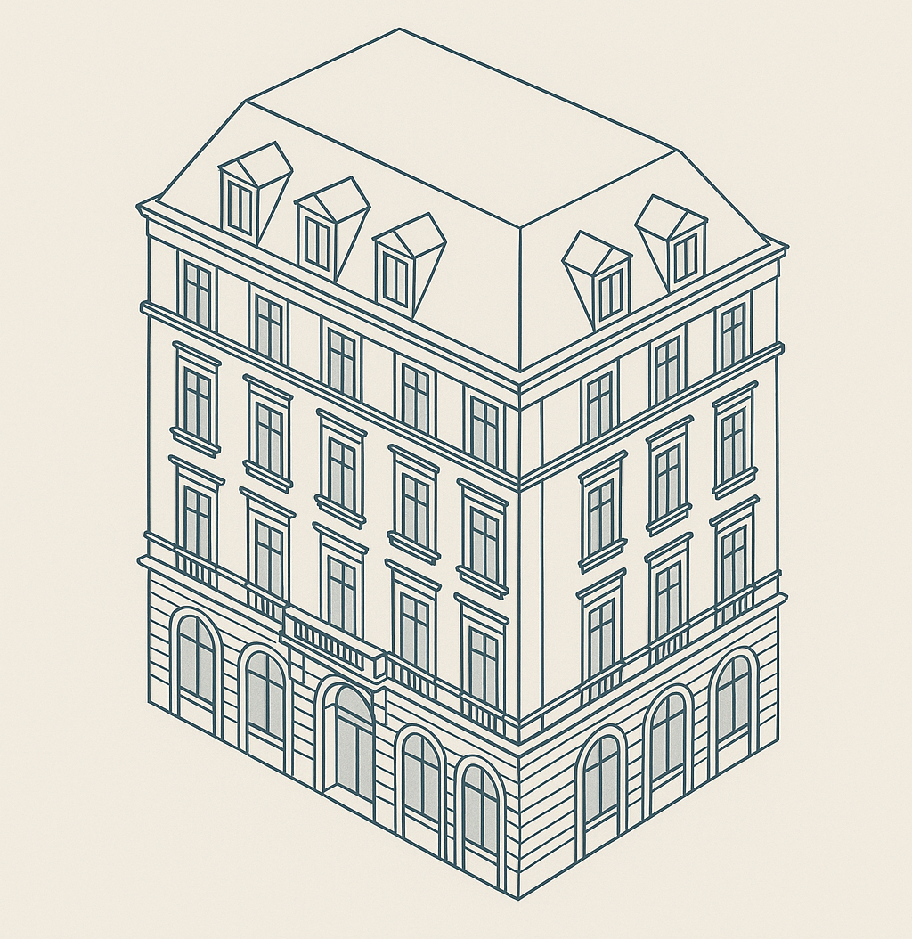 Zeichnerische Darstellung eines historischen Hotels